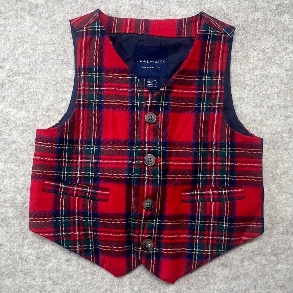 Janie and Jack Red Plaid‎ Formal Wool Vest Boys 12-18 Months Holiday Party